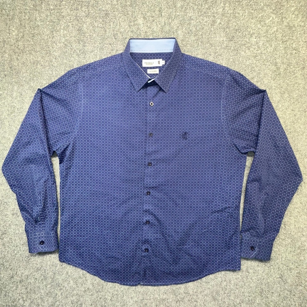 Pringle of Scotland Button Down Shirt Mens XL Blue Geometric Long Sleeve